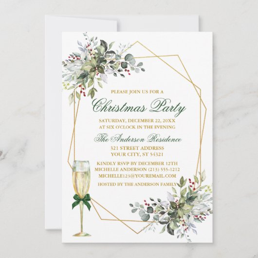 Invitation Aquarelle verte Berries Noël Or Vert (Devant)