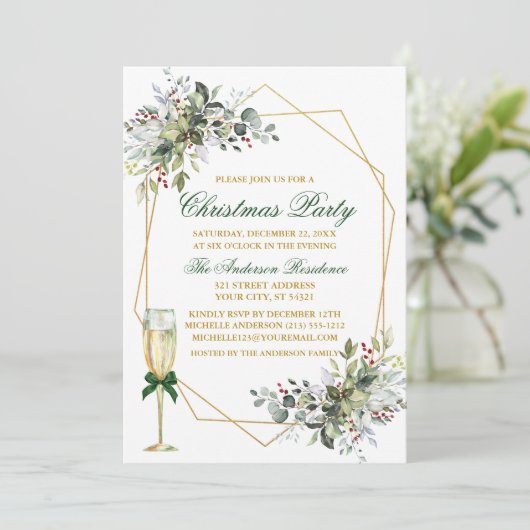 Invitation Aquarelle verte Berries Noël Or Vert (Debout devant)