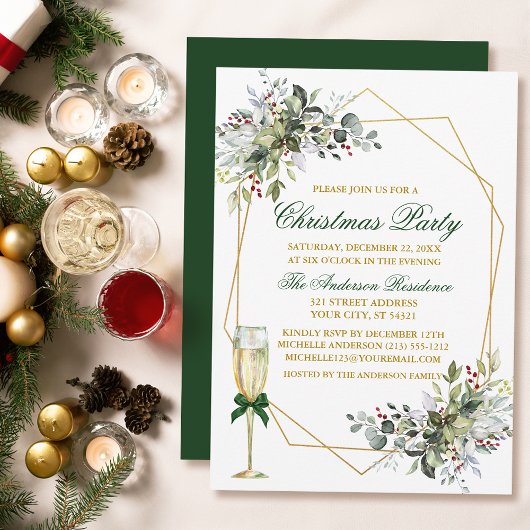 Invitation Aquarelle verte Berries Noël Or Vert