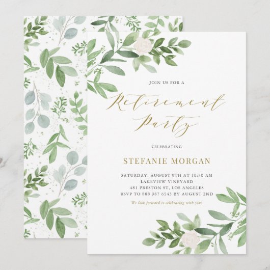 Invitation Aquarelle verte Blanc Floral Retraite Party (Devant / Derrière)