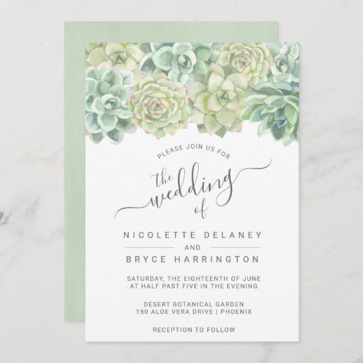 Invitation Aquarelle verte botanique Mariage de succulents (Devant / Derrière)
