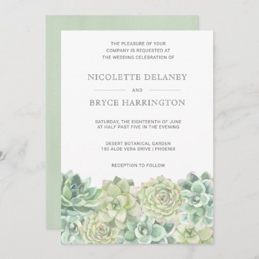 Invitation Aquarelle verte botanique Mariage Succulent (Devant / Derrière)