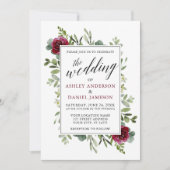 Invitation Aquarelle verte Bourgogne Rose Mariage (Devant)