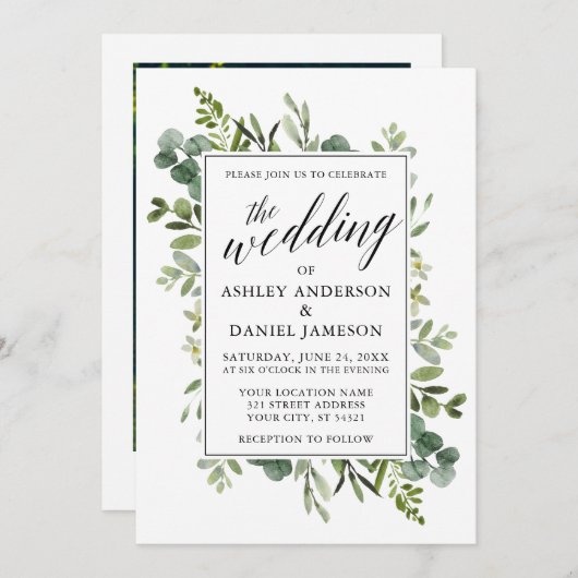 Invitation Aquarelle verte Calligraphie Mariage Photo (Devant / Derrière)