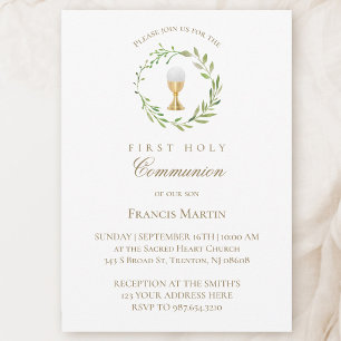 Invitation aquarelle verte couronne première communion sainte