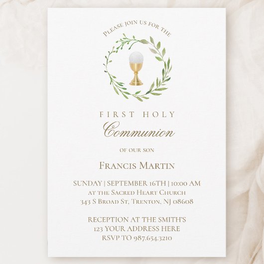 Invitation aquarelle verte couronne première communion sainte