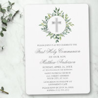Aquarelle verte Croix d'argent Première communion