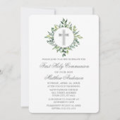 Invitation Aquarelle verte Croix d'argent Première communion (Devant)