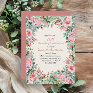 Invitation Aquarelle verte de Monnaie rose Floral 75e anniver