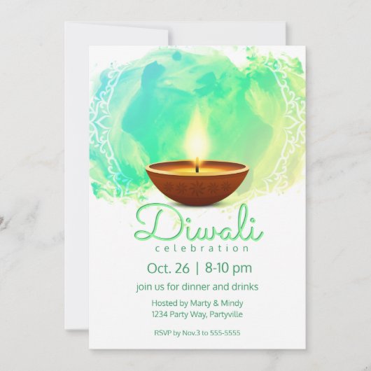 Invitation Aquarelle verte Diwali Diya moderne (Devant)