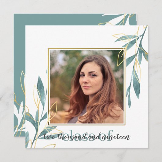 Invitation Aquarelle verte dorée Graduation florale (Devant / Derrière)