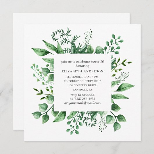 Invitation Aquarelle verte Douce 16. 16e anniversaire vert (Devant / Derrière)