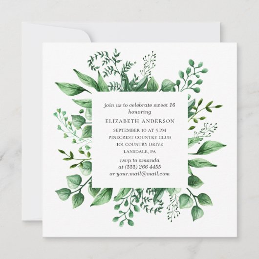 Invitation Aquarelle verte Douce 16. 16e anniversaire vert (Devant)