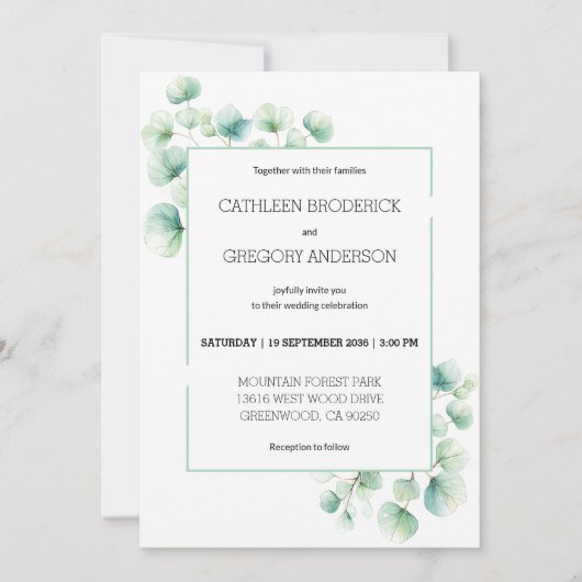 Invitation Aquarelle verte douce Eucalyptus Mariage Feuille (Devant)