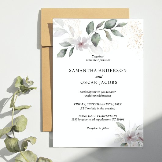 Invitation Aquarelle verte douce Feuille et fleur | Or