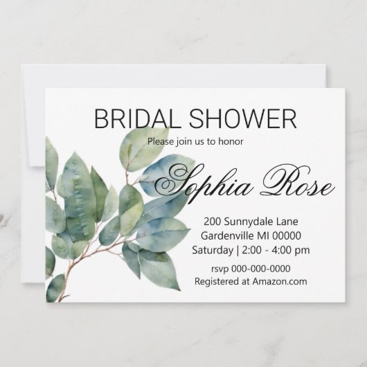 Invitation Aquarelle verte élégante douche nuptiale (Devant)