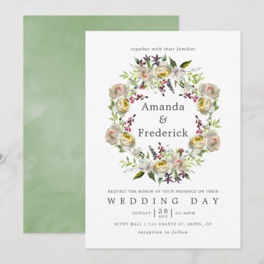 Invitation Aquarelle verte et blanche Sage Mariage Floral (Devant / Derrière)