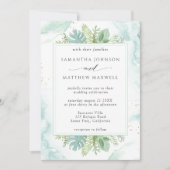 Invitation Aquarelle verte et bleue avec Mariage vert (Devant)