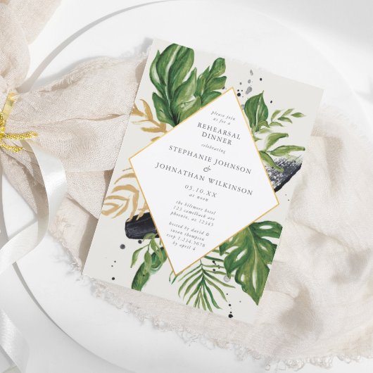 Invitation Aquarelle verte et dorée Répétition Mariage tropic