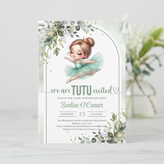 Invitation Aquarelle verte et or vert tutu ballerine (Debout devant)