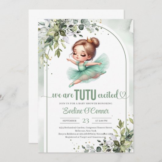 Invitation Aquarelle verte et or vert tutu ballerine (Devant / Derrière)