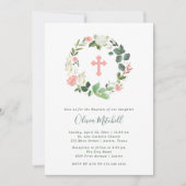 Invitation Aquarelle verte et rose | Baptême (Devant)