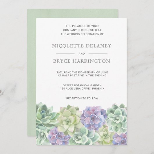 Invitation Aquarelle verte et violette Mariage Succulent (Devant / Derrière)