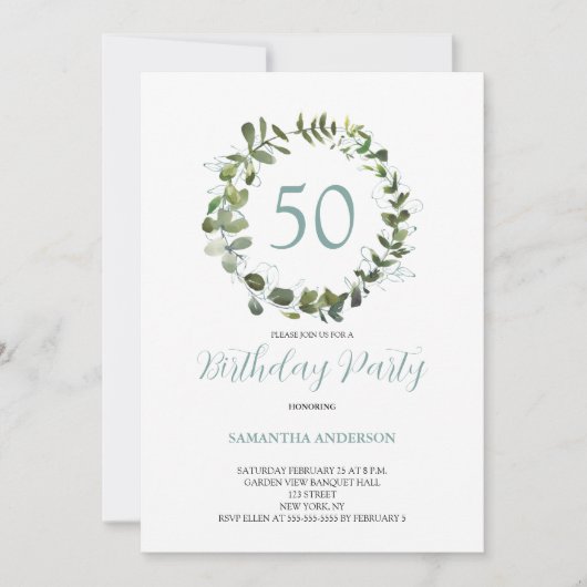 Invitation Aquarelle verte Eucalyptus 50e anniversaire (Devant)