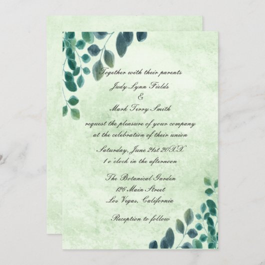 Invitation Aquarelle verte Eucalyptus Mariage Feuille (Devant / Derrière)