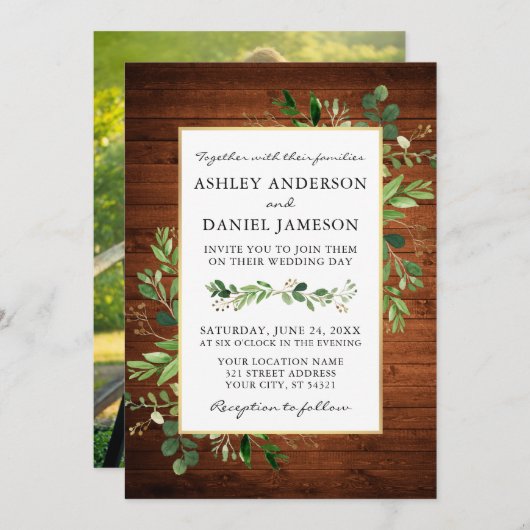 Invitation Aquarelle verte Eucalyptus Photo Mariage bois (Devant / Derrière)