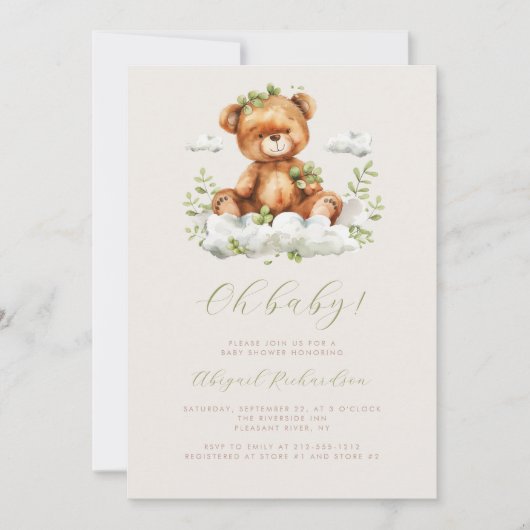 Invitation Aquarelle verte Eucalyptus Teddy Bear Baby shower (Devant)