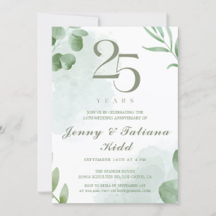 Invitation Aquarelle verte Feuilles 25e anniversaire Mariage