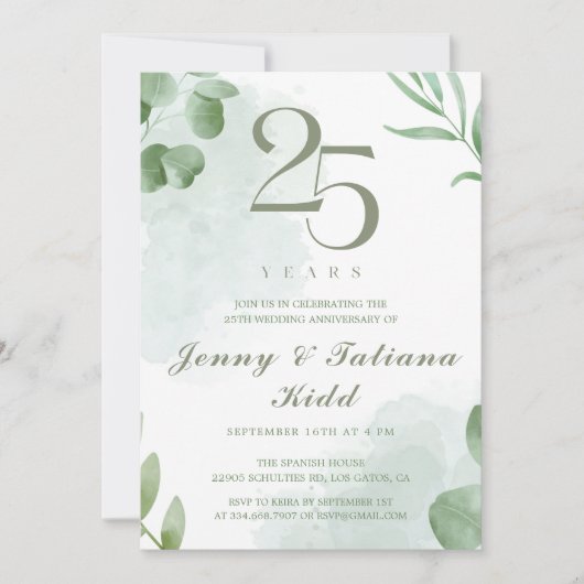 Invitation Aquarelle verte Feuilles 25e anniversaire Mariage (Devant)