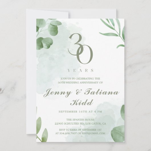 Invitation Aquarelle verte Feuilles 30e anniversaire Mariage (Devant)