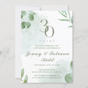 Invitation Aquarelle verte Feuilles 30e anniversaire Mariage