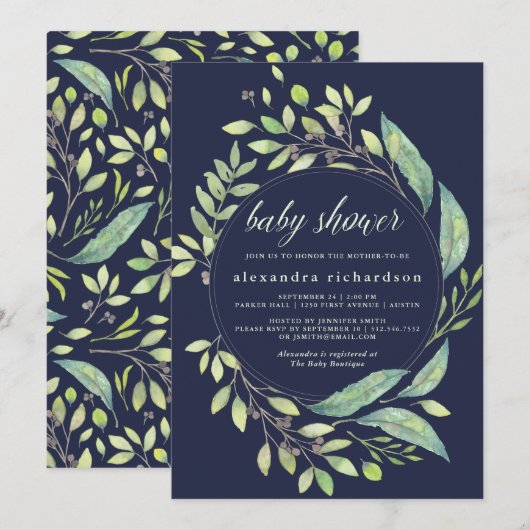 Invitation Aquarelle verte feutrée Baby shower bleu foncé (Devant / Derrière)