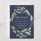 Invitation Aquarelle verte feutrée Bébé Brunch Bleu foncé (Devant)