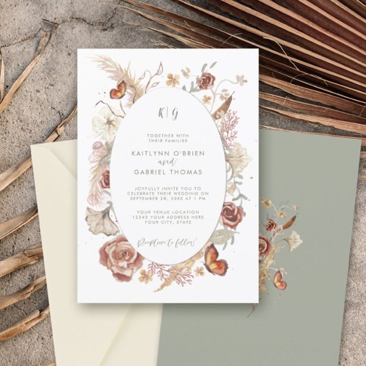 Invitation Aquarelle verte fleur sauvage Florale Papillon Sag