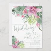 Invitation Aquarelle verte Fleurs tropicales Mariage (Devant)