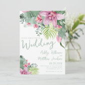 Invitation Aquarelle verte Fleurs tropicales Mariage (Debout devant)