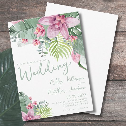 Invitation Aquarelle verte Fleurs tropicales Mariage