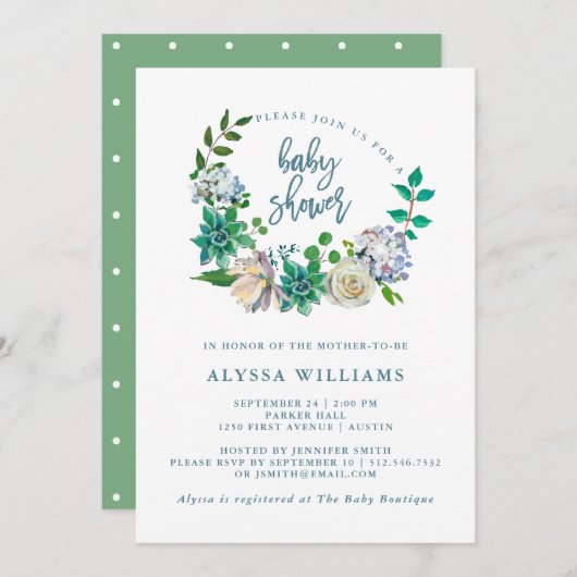 Invitation Aquarelle verte Florale Succulente | Baby shower (Devant / Derrière)