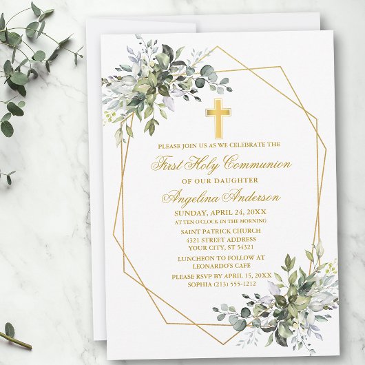 Invitation Aquarelle verte Geo Frame Gold Communion