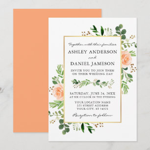 Invitation Aquarelle verte Pêcher Rose Mariage