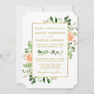 Invitation Aquarelle verte Pêcher Rose Mariage or