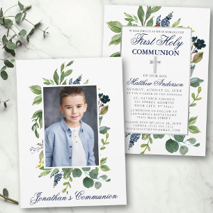 Invitation Aquarelle verte Photo Sainte Communion Bleu
