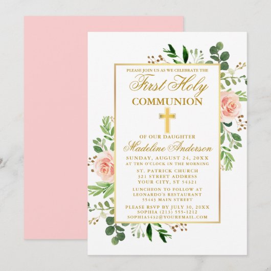 Invitation Aquarelle verte Pink Floral Première communion (Devant / Derrière)