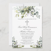 Invitation Aquarelle verte Première communion Argent (Devant)