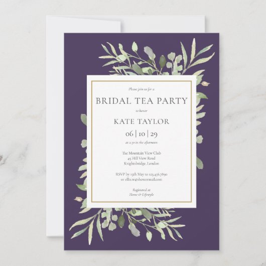Invitation Aquarelle verte Purple Tea Party nuptiale (Devant)
