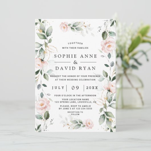 Invitation Aquarelle verte rose Mariage or Floral rose (Debout devant)
